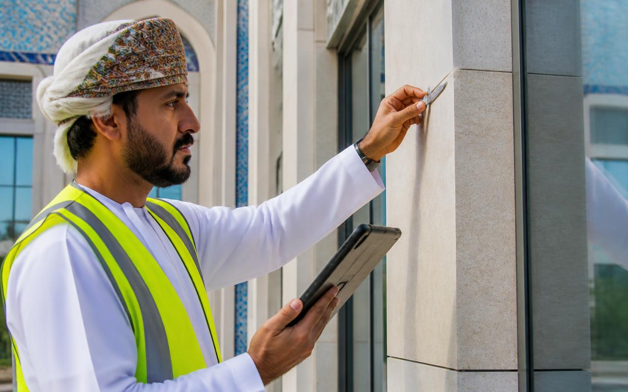 فحص جودة تشطيبات واجهة مبنى حديث