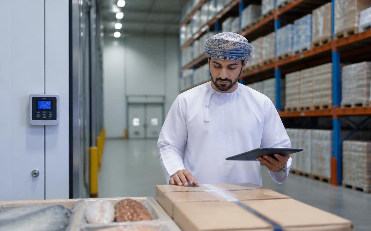 فحص منتجات غذائية في مستودع مبرد منظم