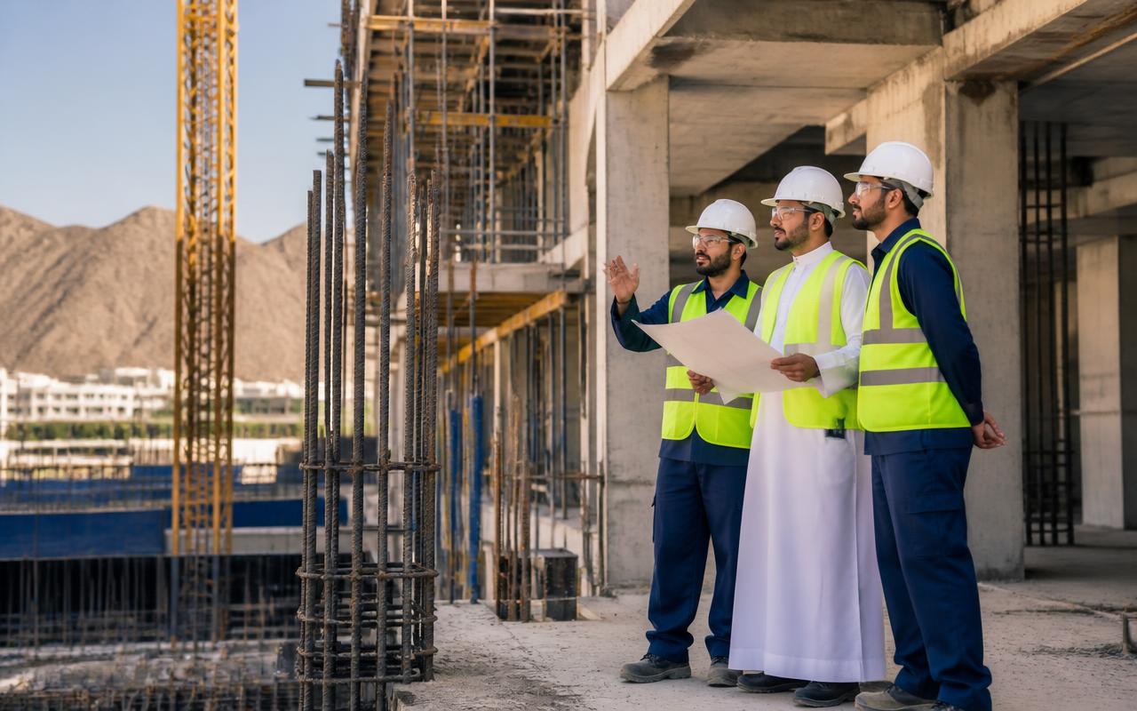 مهندسون يتابعون الأعمال الإنشائية في موقع منظم