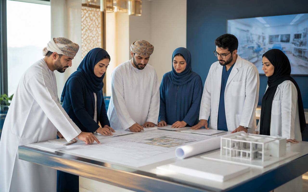 فريق طبي وتصميمي يراجع مخطط عيادة