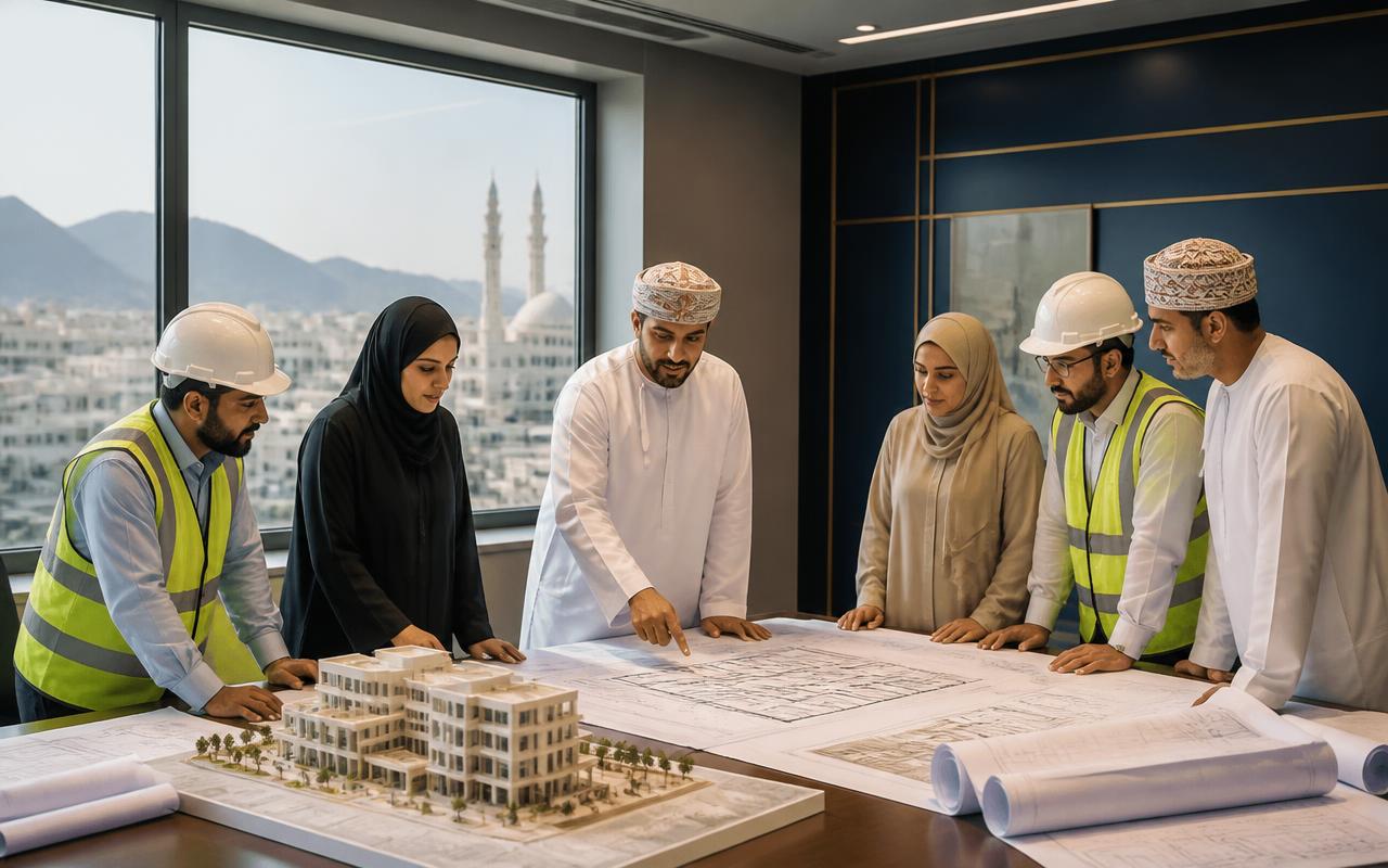 فريق هندسي عُماني يراجع مخططات ونموذج مشروع